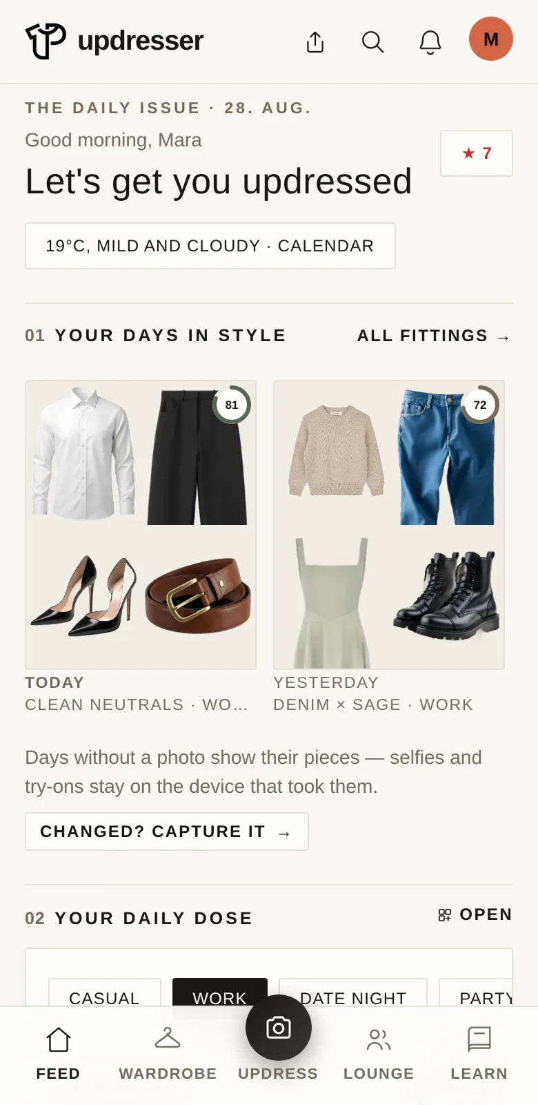 The feed's days in style: her worn looks and fittings as a record, each with its number