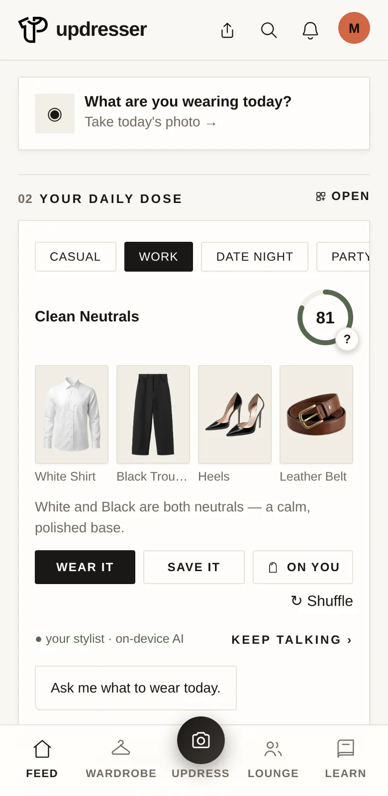 The feed's Daily Dose: scored, explained outfits for today's weather and occasion