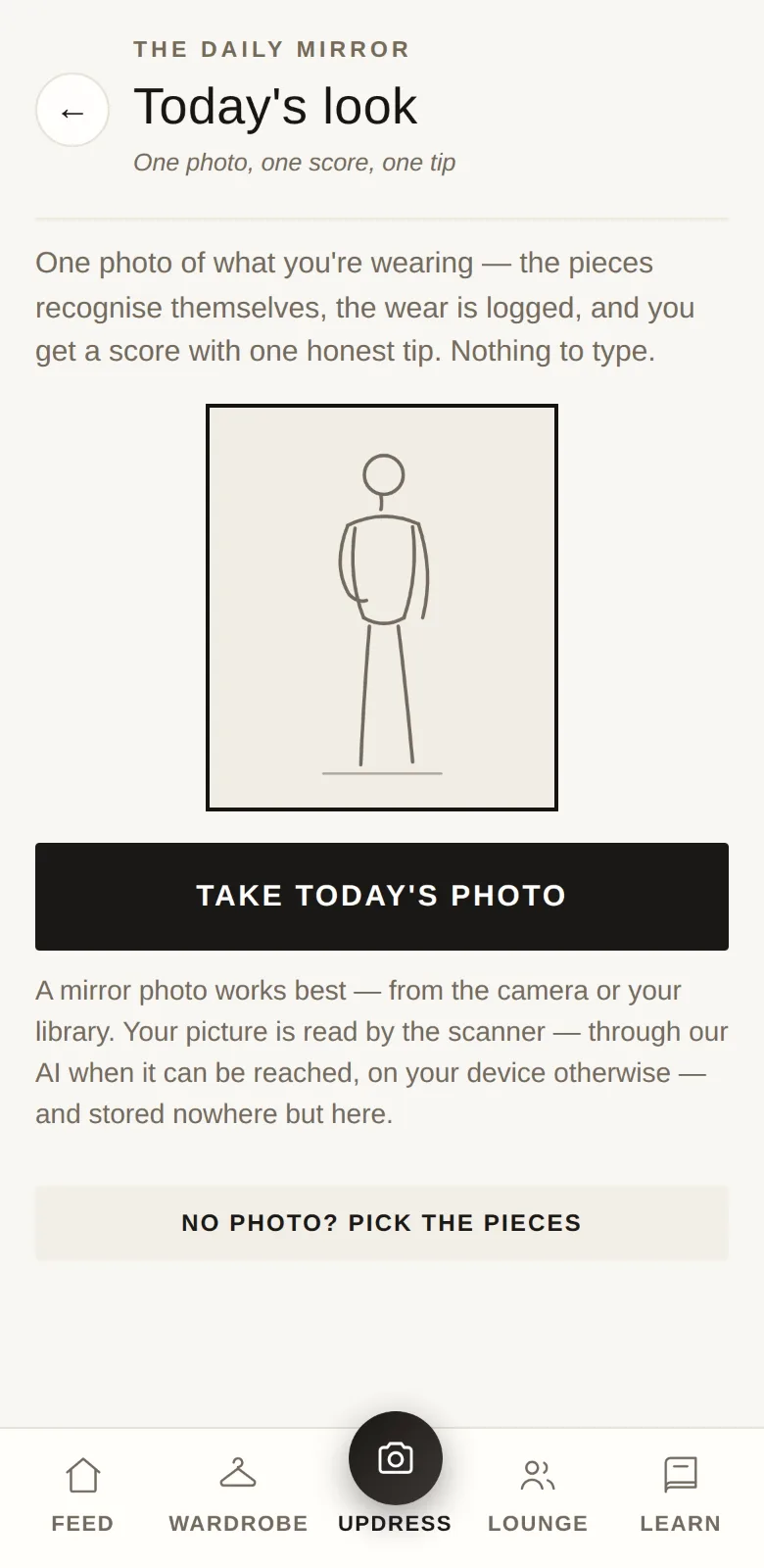The app's daily photo step: the viewfinder, one line of guidance, the shutter