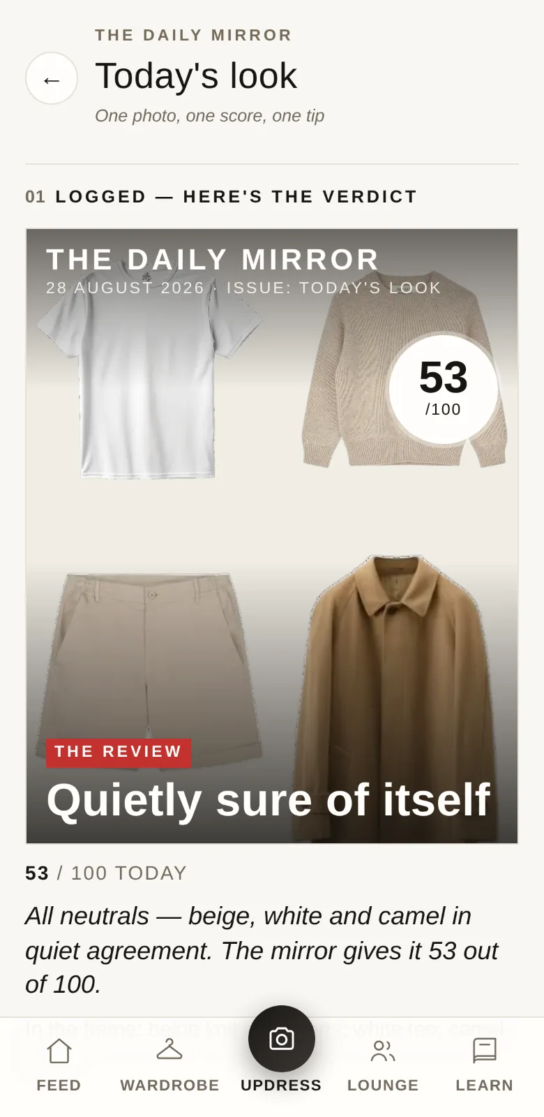 The verdict card: the score seal, the headline, the one change that would lift the look